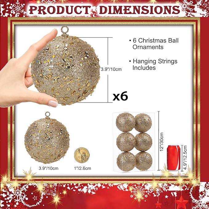 4" Large Christmas Balls Ornaments 6 Pcs Shatterproof Big Champagne Christmas Ornaments for Tree Glitter Big Xmas Tree Ornament for Xmas Halloween Holiday Wedding Party Decoration