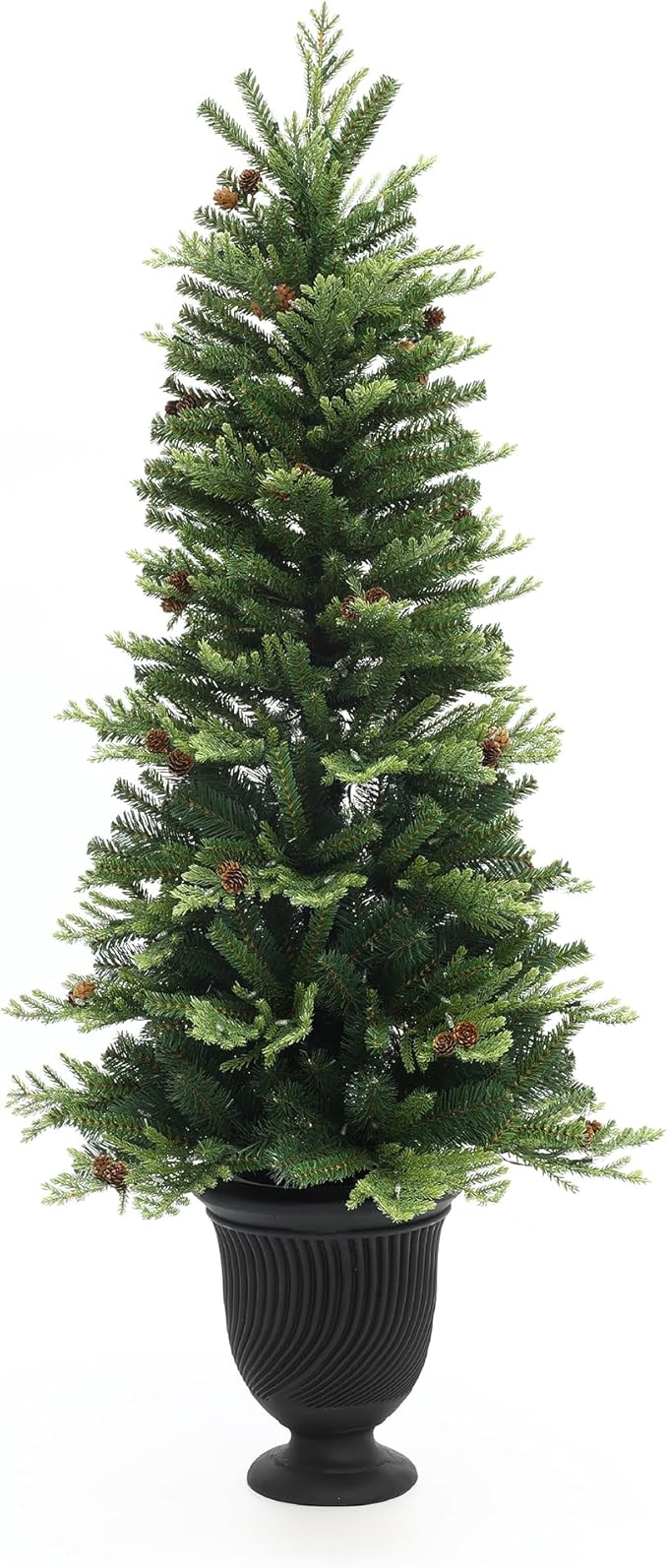 LuxenHome 4.5FT Potted Christmas Tree, Prelit Artificial Small Christmas Trees with 150 LED Lights, Slim Xmas Tree Pre-lit with Pine Cone and Black Fluted Urn Style Pot for Entryway, Living Room