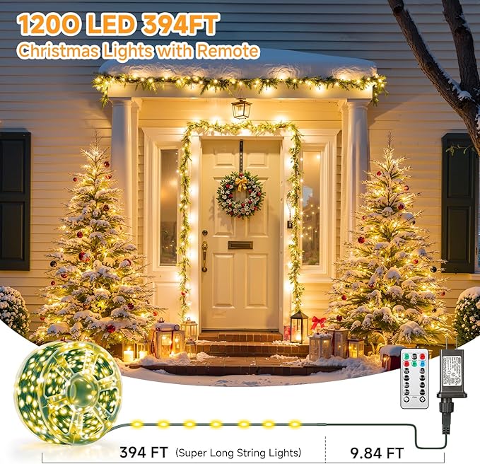 Mlambert 1200 LED Christmas Lights 394FT, Outdoor Waterproof Dimmable Fairy Lights with Remote, 8 Modes Indoor Lighting for Holiday Décor, Warm White