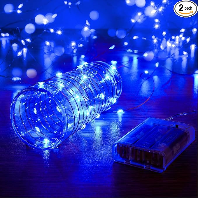 2 Pack 16.4ft Battery Operated String Lights with Timer, Blue with Synchronized Twinkle Mode, Fairy Lights Battery Powered, 50 LEDs, Idea for Christmas Bedroom Party Wedding