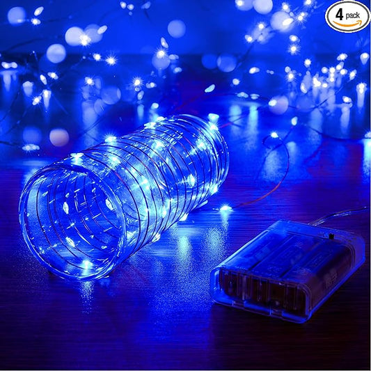 4 Pack 16.4ft Battery Operated String Lights with Timer, Blue with Synchronized Twinkle Mode, Fairy Lights Battery Powered, 50 LEDs, Idea for Christmas Bedroom Party Wedding