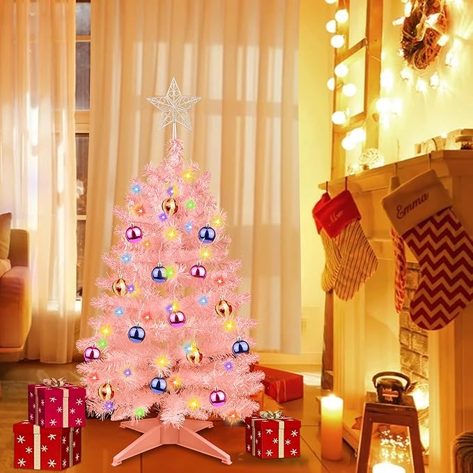 3 Ft Premium Pink Christmas Tree Dual Color Change 12 Modes Timer DIY 50 Warm White & Multicolor Lights 15 Ball Ornaments Star Artificial Small Full Xmas Tree Battery Operated Table Home Indoor