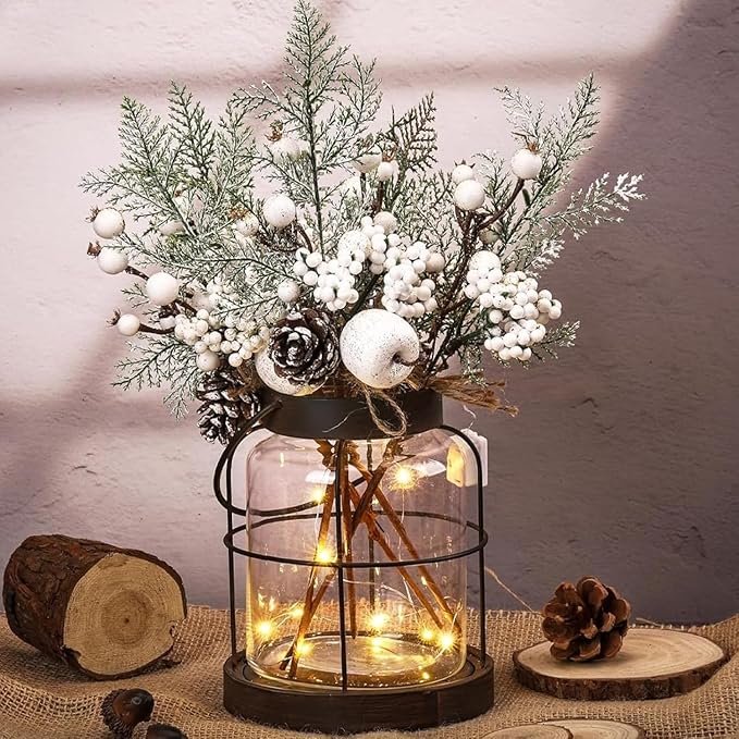 Rustic Vintage Glass Farmhouse Vase with LED Lights, Christmas Home Decor for Winter with White Berry & Pine Cones, Farmhouse Vase for Decor, Home Decor Floral Arrangement Gift
