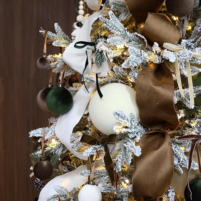 Sea Team 4-Pack Large Flocked Velvet Christmas Tree Ball Ornaments Set, Hanging Velour Baubles, Shatterproof Plastic Decorations for Xmas Tree, Wreath, Garland, 150mm/5.91 Inches, Cream