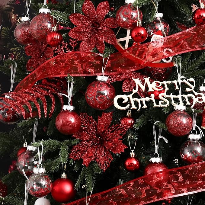 Wironlst Christmas Ball Ornaments Shatterproof Clear Large Plastic Hanging Ball Decorative Baubles Set with Stuffed Delicate Decorations (Multi-Size, Red)