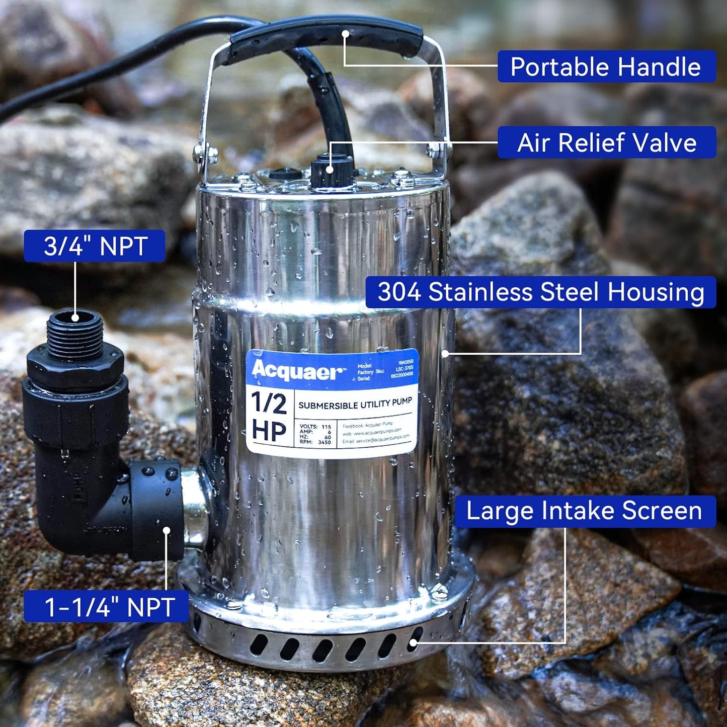 Acquaer 1/2HP Submersible Utility Pump, 3030GPH Stainless Steel Sump Pump, Water Removal for Basement Hot Tub Pool Cover Draining, 30ft Cord