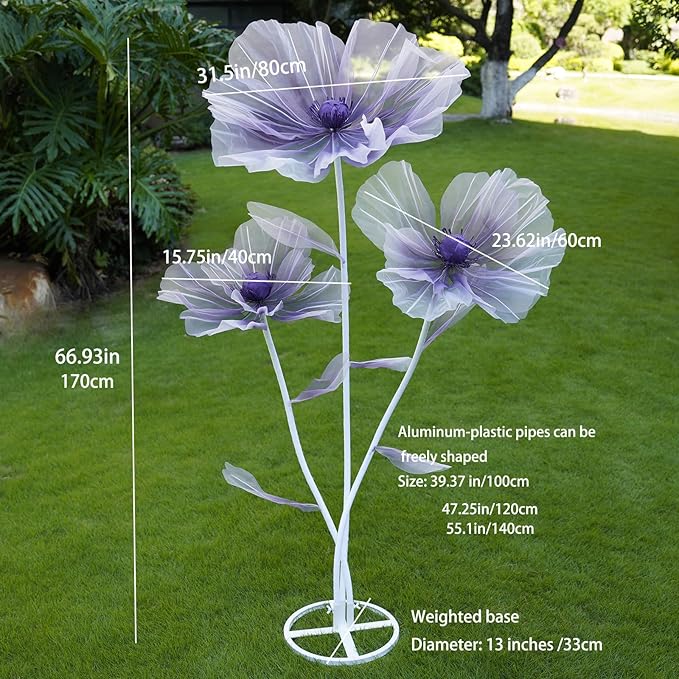 Giant Flowers for Decoration,3-Head Large Artificial Silk Flower with Standing Stems and Base for Party Banquet Wedding Reception Background Decor Home Decor (Purple Gradient)