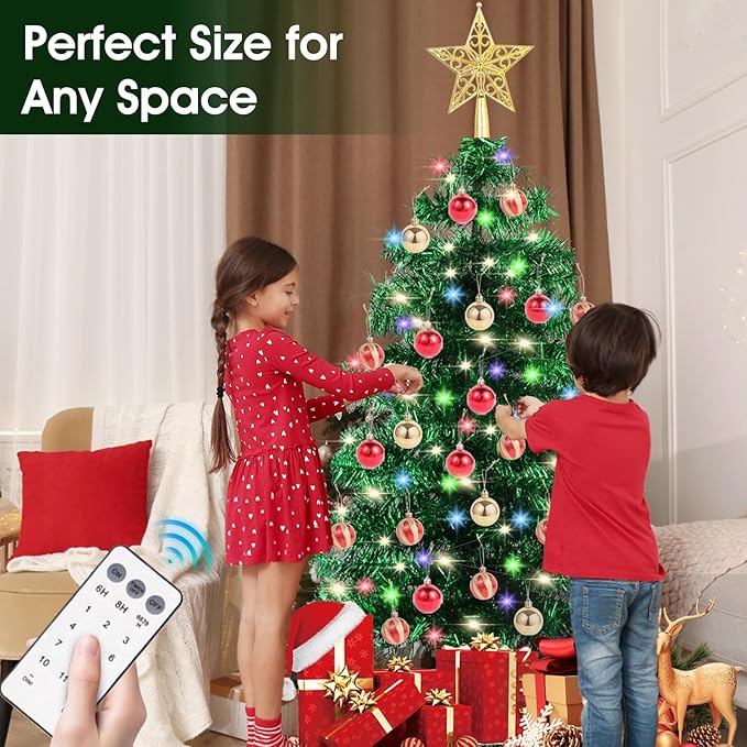 3Ft Christmas Tree with Lights, Table Christmas Tree with 50 LED 12 Modes, 3D Star, 15 Hanging Ball Ornaments, Small Prelit Xmas Tree for Tabletop, Home and Office (Green)