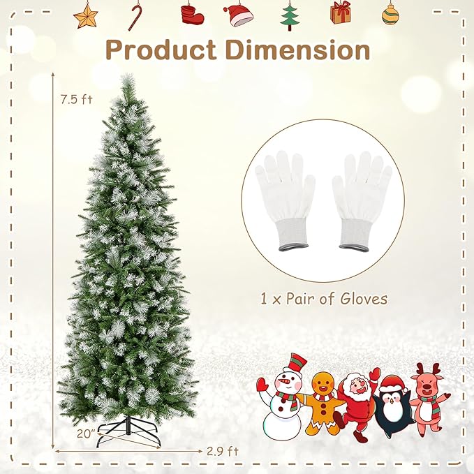 GOFLAME 7.5 FT Pre-Lit Pencil Christmas Tree Snow Flocked, Slim Artificial Xmas Tree with 820 Branch Tips, 350 Warm White LED Lights, Holiday Decoration Tree for Home Party Office