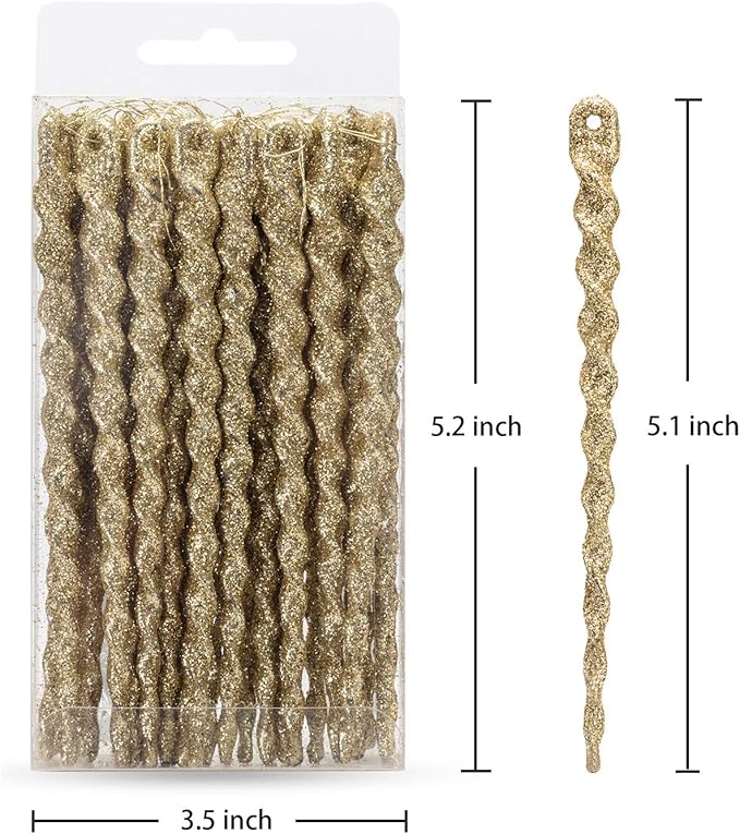 AMS Sparkling Glitter Plastic Icicle Ornaments 30 PCS Twisted Icicles Decoration Christmas Tree and Holiday Xmas Party Hanging (5.1'', Gold)