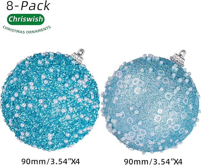 8CT Christmas Ball Ornaments, Baby Blue Christmas Ball Decorations Shatterproof Plastic Hanging Pearl Balls for Holiday Party(90mm/3.54")