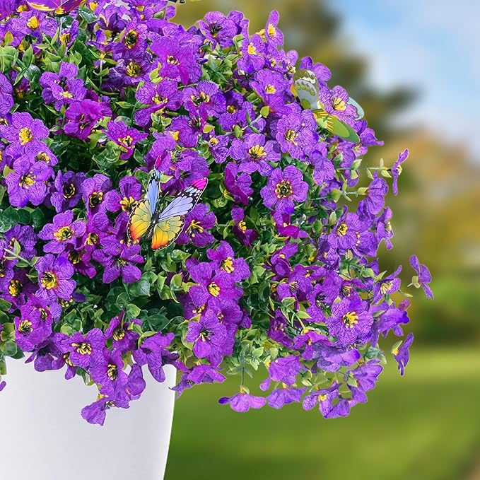 20 Bundles Artificial Flowers for Outdoors‌ with 6 Faux Butterflies, UV Resistant Fake Flowers‌ with Eucalyptus Leaves, Artificial Plants Outdoor‌ for Patio Garden Porch Home Decor (Purple)