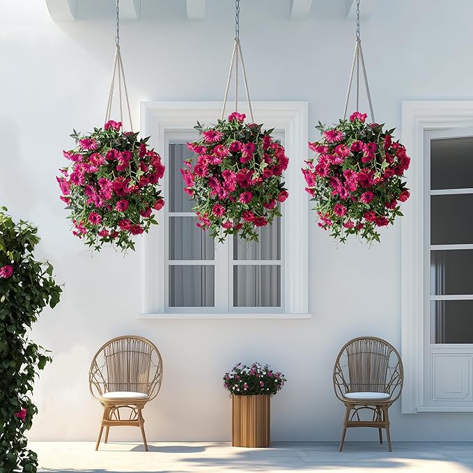 Artificial Flowers Artificial Petunias for Outdoors 2PCS Artificial Hanging Plants Outdoors Silk Flowers with Stems Outdoor Flowers Uv Resistant for Porch Terrace Decor，Rose Red，Without Pot