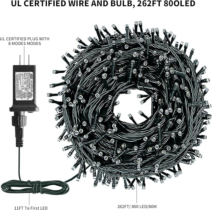 XTF2015 262FT 800 LED Christmas String Lights, Christmas Lights End to End Plug 8 Modes Memory Function with Timer, UL Certified Outdoor Indoor Fairy Light Christma s Tree, Patio, Party (Warm White)