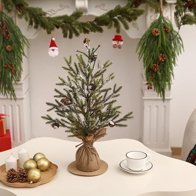 22Inch Artificial Christmas Tree – Mini Tabletop Xmas Tree, Realistic Pine Needles, Pinecones & Burlap Base – Small Festive Decoration for Home, Office or Entryway