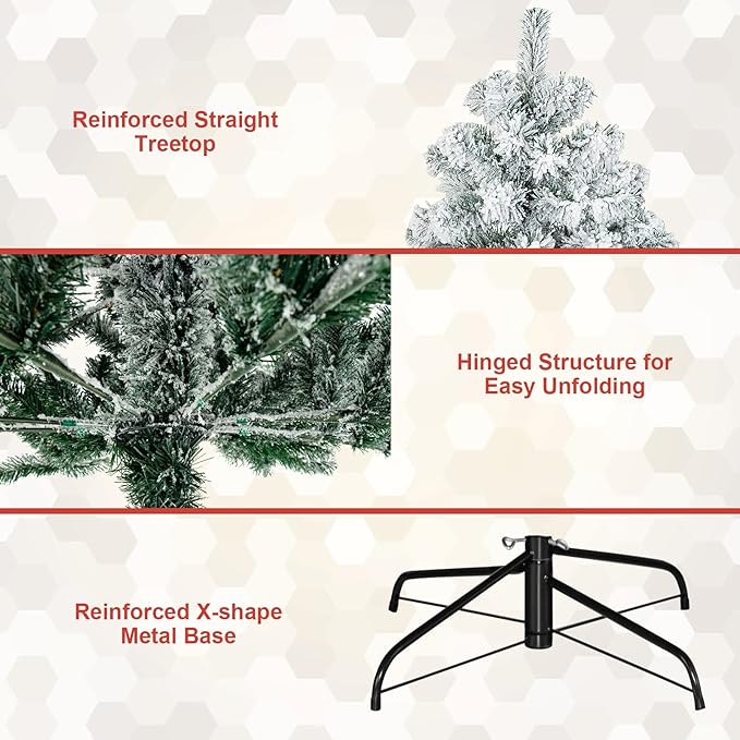 COSTWAY 9 FT Snow Flocked Christmas Tree, Artificial Holiday Hinged Pine Tree with 1498 Branch Tips, Solid Metal Stand, Premium Xmas Full Fake Tree for Home, Office, Party Decoration