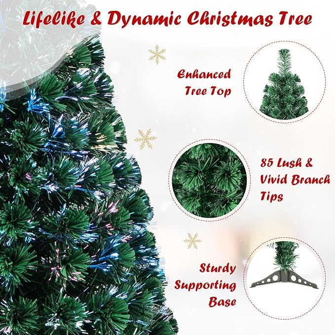 HAPPYGRILL 3FT Fiber Optic Christmas Tree Pre-Lit Artificial Christmas Tree with 85 PVC Tips, Green Xmas Tree with LED Lights for Indoor Outdoor Festival