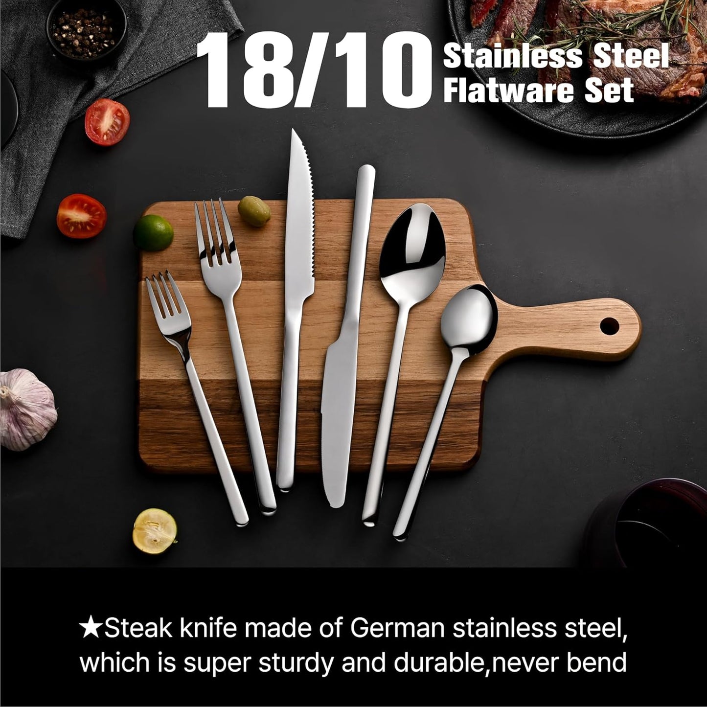 KINGSTONE 24-Piece Silverware Set with Steak Knives, Flatware Set for 4, Stainless Steel Tableware Cutlery Set for Home Restaurant, Mirror Finish,Modern Design