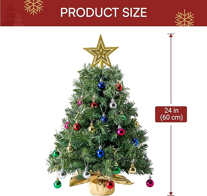JOIEDOMI 24"/2FT Small Tabletop Christmas Tree with Lights with Star Treetop and Hanging Ornaments, Pre-lit Artificial Christmas Green LED Mini Tabletop Tree for Xmas Decorations Indoor Outdoor