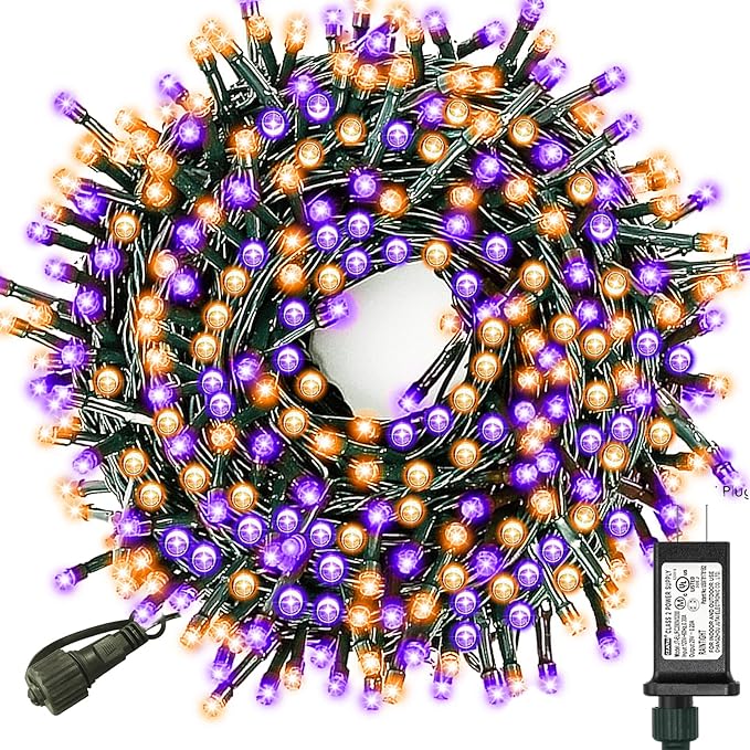 Decute Halloween String Lights Outdoor Indoor Waterproof 300LED 105FT UL Certified with End-to-End Plug 8 Modes, Decoration Lights for Christmas Tree Patio Garden Wedding Party Orange Purple