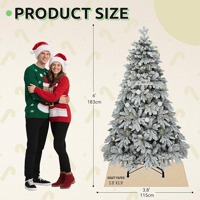 GOOBED 6 FT Pre-Lit Snow Flocked Christmas Tree with Remote, Artificial Hinged Canaan Fir Christmas Tree with 1225 Branch Tips, 260 Lights for Home Office, Holiday Decor, White Flocked