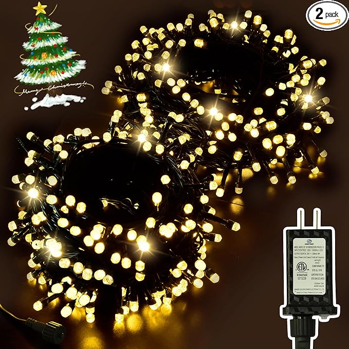 ULG Upgraded 2-Pack 186FT 500 LED Christmas String Lights, Extendable Waterproof Fairy Lights with Memory Function, 8 Modes, Bubble Bulbs, Warm White, Adapter Included for All Decor