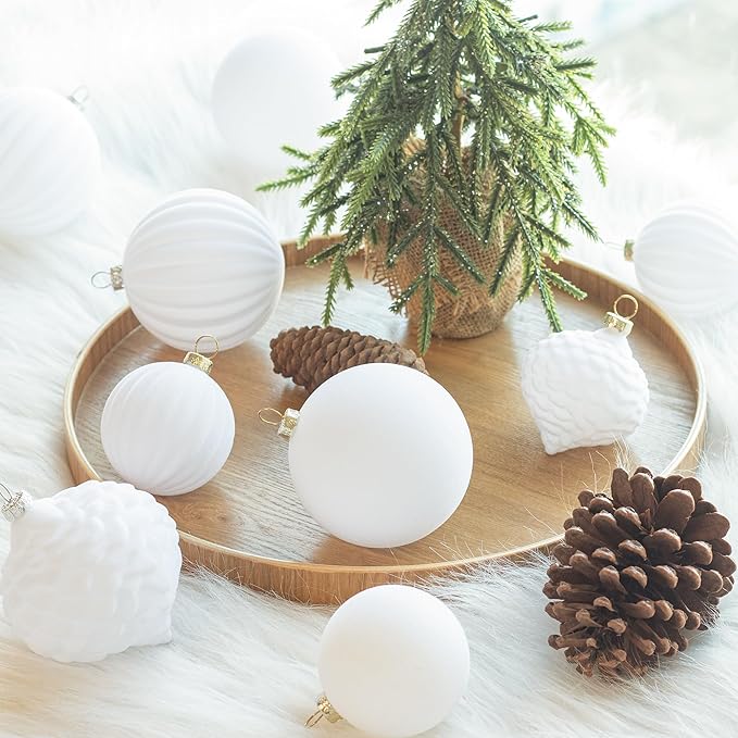 KI Store Velvet Christmas Balls White 25pcs Flocked Christmas Tree Ornaments Assortment for Xmas Tree Holiday Decor