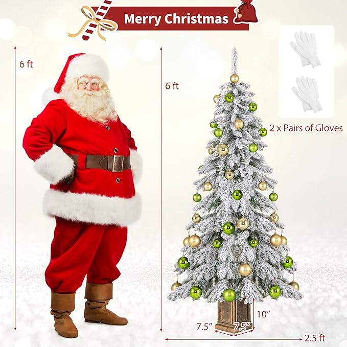 HAPPYGRILL 6 FT Unlit Artificial Christmas Tree Set of 2, Hinged Xmas Tree with 589 Flocked Branch Tips, 48 Xmas Balls, Vintage Cement-Filled Flowerpot & Gloves, Potted Decoration Tree