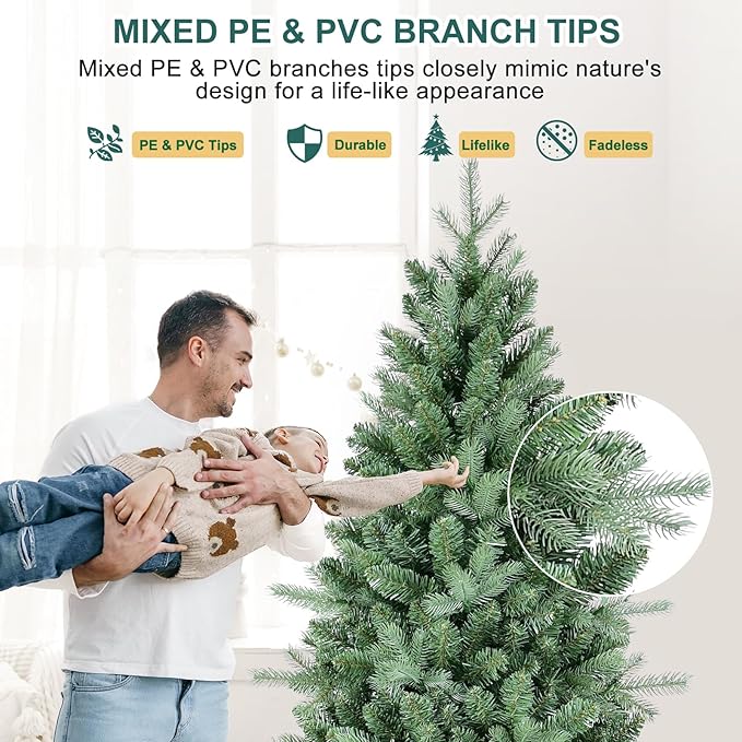 8 FT Artificial Skinny Christmas Tree,Unlit Blue Spruce Slim Pencil Xmas Tree with 1987 PE&PVC Mixed Branch Tips,Hinged Pine Tree with Metal Stand for Home Office Décor