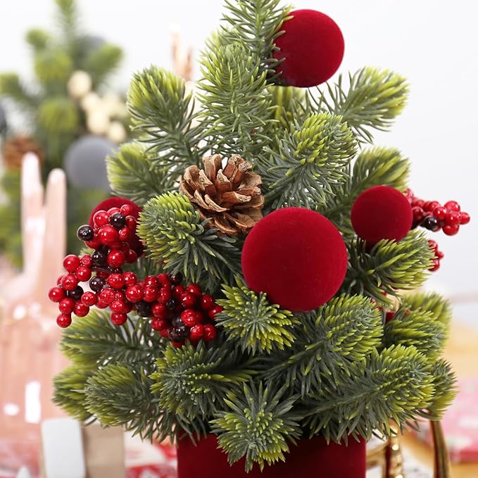 Small Christmas Tree, 12Inch Artificial Burgundy Velvet Ball Berry Mini Tabletop Christmas Decorations, for Home Party Thankgivings Xmas Indoor Decor.
