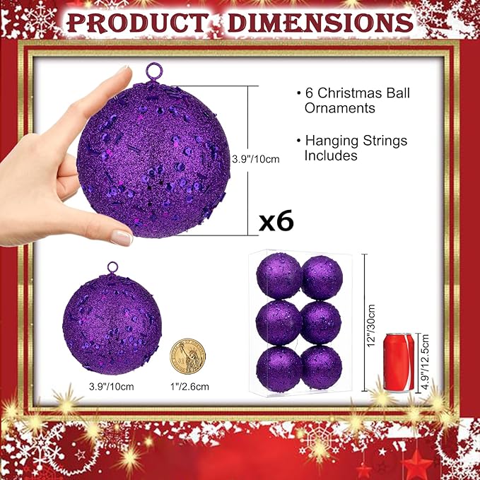 4" Large Christmas Balls Ornaments 6 Pcs Shatterproof Big Purple Christmas Ornaments for Xmas Tree Bulk Glitter Big Xmas Tree Ornament for Trees Halloween Holiday Wedding Party Decoration