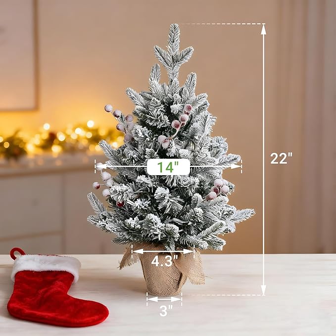 ELYKEN 22'' Mini Christmas Tree with LED Lights, Small Tabletop Artificial Christmas Xmas Holiday Party Decorations with Red Berries Pine Cones for Desk, Indoor Decor