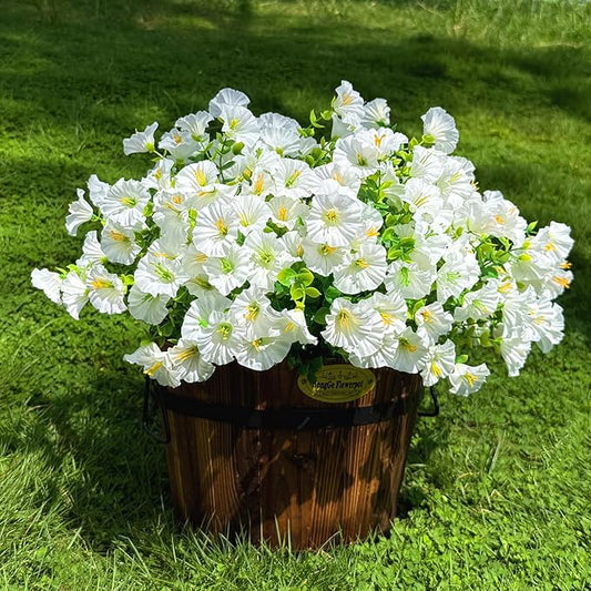 10 Bundles Artificial Flowers for Outdoor,UV Resistant Fake Petunia Flowers,Faux Plants for Outside Hanging Planters,Artificial Plants for Indoor Porch Garden Home Wedding Decor(White)