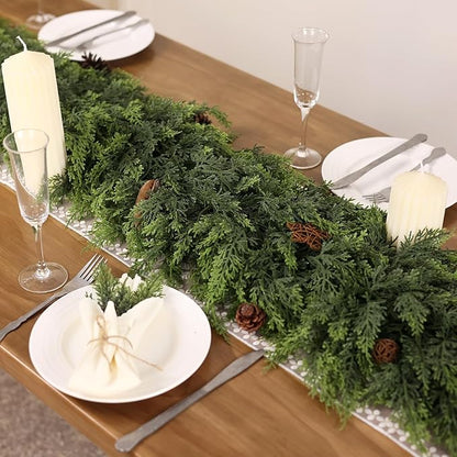 9FT Real Touch Cedar Garland - Artificial Christmas Garland Fake Green Faux Thick and Lush Pine Needles Garlands for Table Fireplace Mantle Holiday Home Indoor Outdoor Decor (1PCS)
