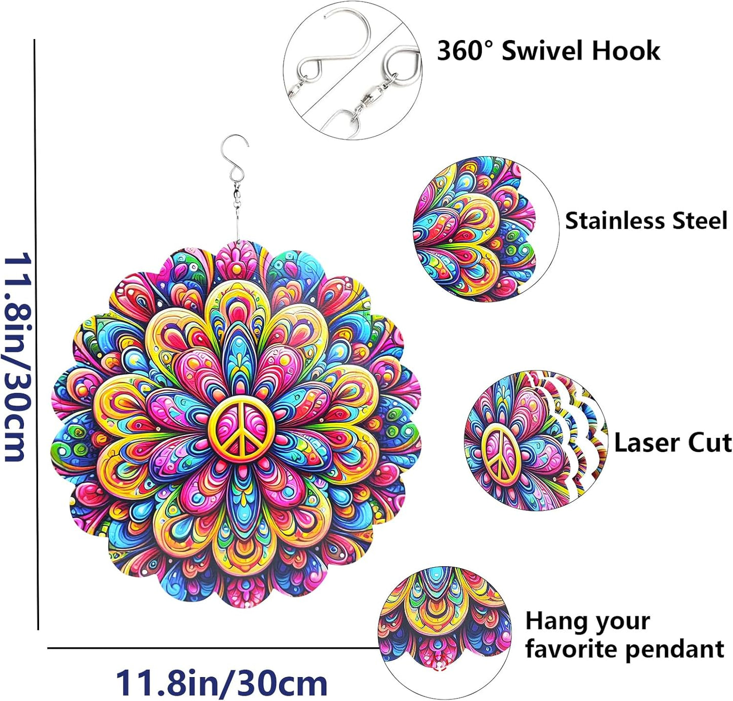 Wind Spinners Art Flower 12 inch 3D Stainless Steel Laser Cut Metal Art Geometric Pattern Wind Sculpture Hanging for Yard Garden Decorations Gifts Indoor Outdoor