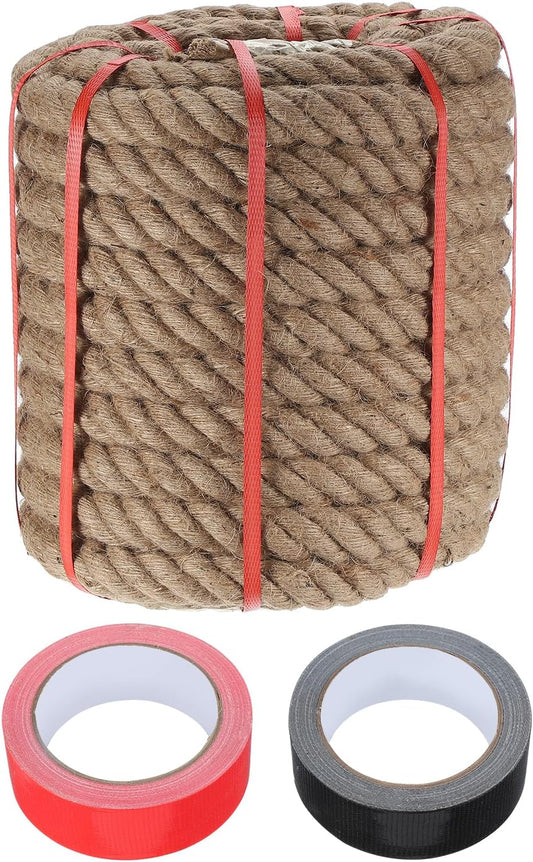 MECCANIXITY Jute Rope 1.4 Inch x 66ft, Thick Twine Rope Ropes Braided Jute Twine Natural Brown Burlap Cord String Heavy Twisted with Tapes for Decorative Crafts Railing Swing Tug of War