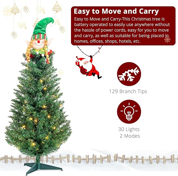 3FT Green Christmas Tree with Santa Claus Decoration, Pre-Lit Artificial Mini Christmas Tree with 30 Warm White Lights, Skinny Xmas Tree Include 129 Branches, Metal Stand, for Indoor Outdoor Decor