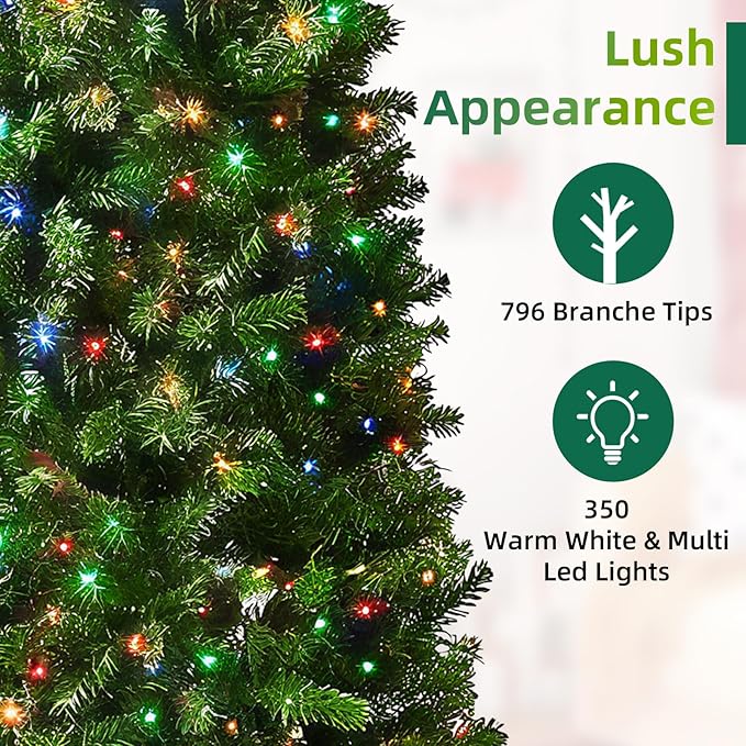 7.5ft Pre-Lit Slim Christmas Tree Douglas Fir with 186 PE & 610 PVC Branches, Hinged Sections & Metal Stand, 350 Dual Color LED Lights with 10 Modes for Holiday Decoration