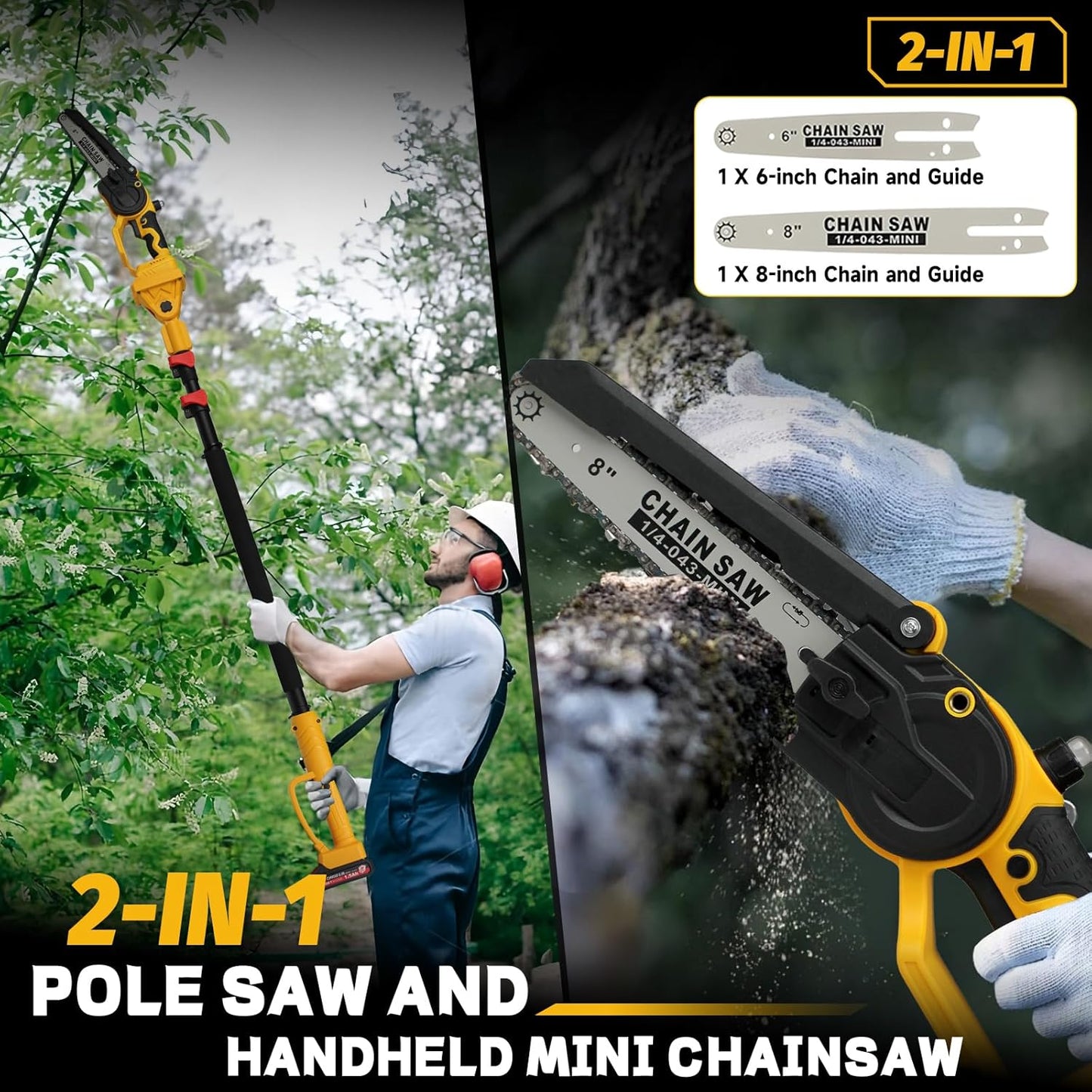 2-in-1 Cordless 8" Pole Saw & Mini Chainsaw Compatible with DeWALT 20V MAX Battery, Brushless 8 Inch & 6 Inch Telescoping Pole Chainsaw Combo Kit 15 Ft Max Reach for Tree Branches Pruning(Tool Only)