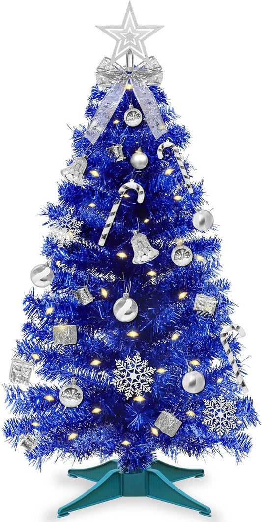 3 Ft Small Christmas Tree Hanukkah Decor with Timer Remote, 8 Modes 50 Warm White&Colorful Change Lights, 3D Star&44 Ornaments, Battery Operated, Mini Christmas Tree Table Indoor Holiday Party Decor