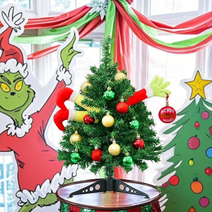 Small Christmas Tree Mini Christmas Tree with LED Lights Arms and Legs Tabletop Decoration Ornaments for Indoor Home Party Decor