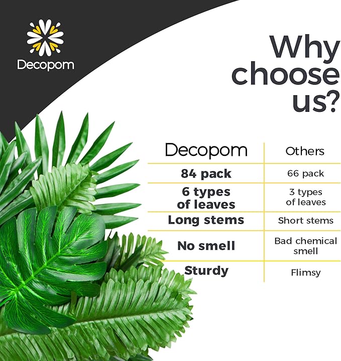 Decopom Palm Leaves Artificial Tropical Monstera-84Pcs 6 Kinds Large Small Green Fake Palm Leaf with Stems for Safari Jungle Hawaiian Luau Party Table Decoration Wedding Birthday Theme Party