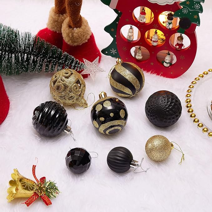 100PCS Christmas Ball Ornaments, Assorted Shatterproof Christmas Tree Decorations, Seasonal Decorative Hanging Baubles Decor Set for Xmas/Holiday/Party, Glitter&Painting Ornament Set (Black Gold)