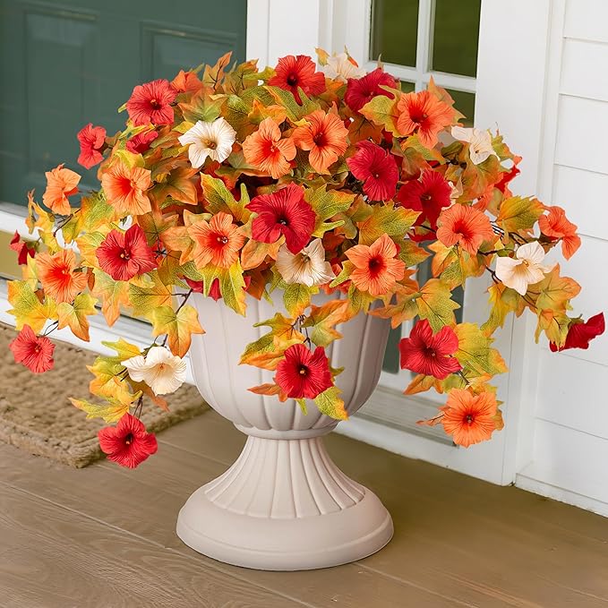 Artificial Fall Flowers Fake Petunias Plants for Outdoor Decoration, 2 Pcs Silk Faux Flowers UV Resistant No Fade Plants for Garden Balcony Yard Porch Realistic Indoor Decor (Orange White)
