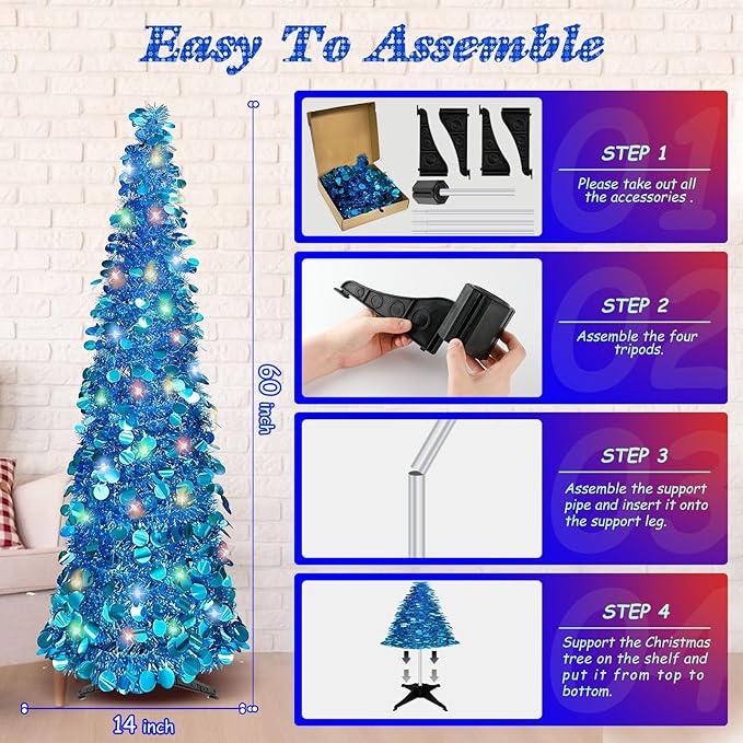 5 FT Pencil Christmas Tree, Collapsible Artificial Sequin Pop Up Christmas Tree, Skinny Pencil Tinsel Christmas Trees, Xmas Tree for Home Apartment Basement Fireplace (Pure Blue)