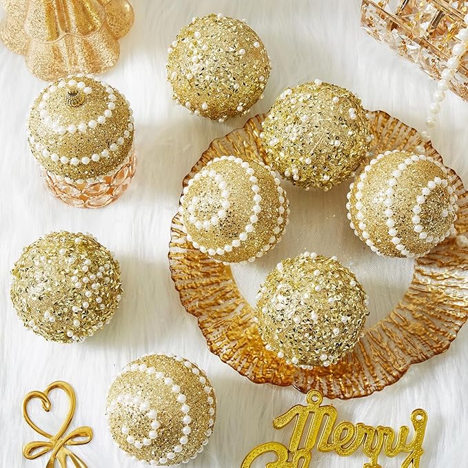 Gold Christmas Ball Ornaments,12ct Christmas Tree Shatterproof Plastic Hanging Sequin Xmas Balls for Festivals Holiday Party Decorations(70mm/2.76")