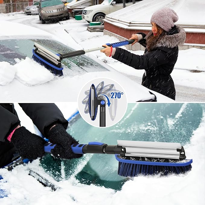 COFIT 42" Car Snow Brush Extendable Handle, 3 in 1 Windshield Ice Scraper and Squeegee, Detachable Snow Removal Tool, Clean Brush Scratch Free for RV Truck SUV Window Roof Exterior Wash Supplies, Blue