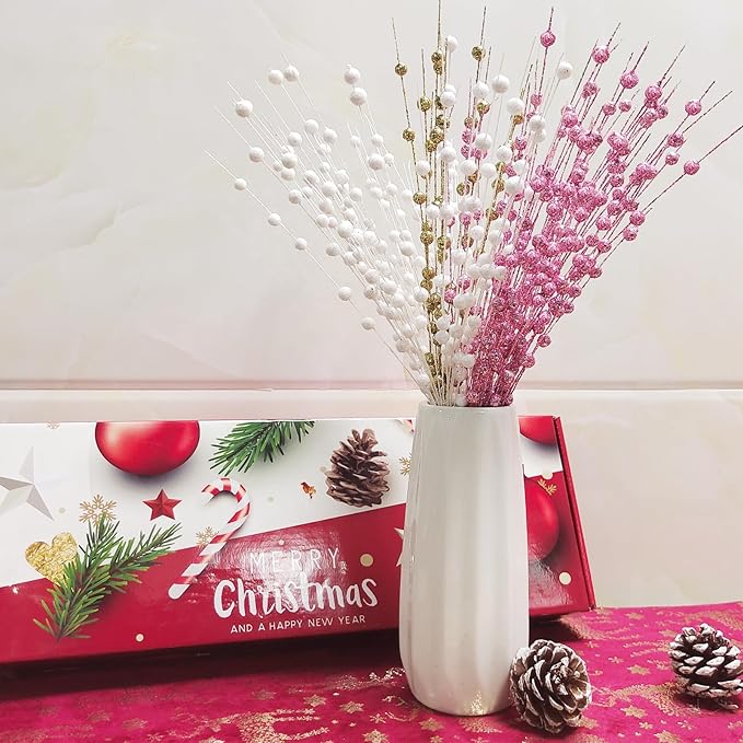 Christmas Artificial Glitter Berry Stem Decorations Decorative Bead Sticks Xmas Picks Glittery Twigs Branches for Christmas Tree Wreath Gift Vase Decor Party Ornaments Rose Gold 24 PCS