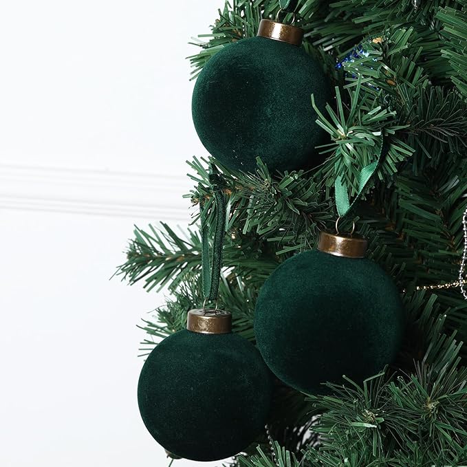 12 Pcs Velvet Christmas Balls Bulk Shatterproof Plastic Christmas Tree Decorations for Decorative Hanging Baubles (12, Blackish Green, 3.15Inch)