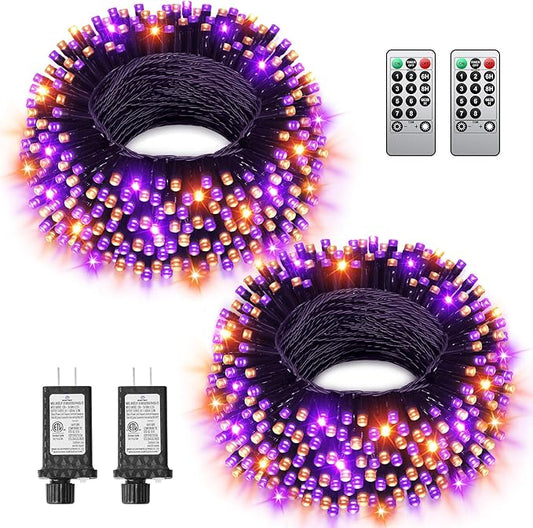 2Packs 380 LED Halloween Lights, Each 125FT String Lights 8 Lighting Modes & Timer Memory, Outside Waterproof Strings Lights for Trees Gardens Yard Holiday Decorations, Purple and Orange
